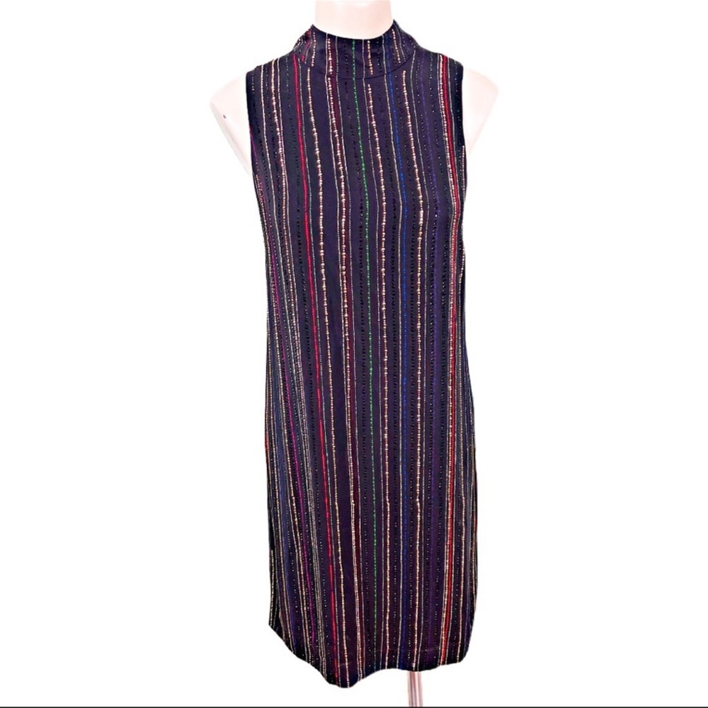TRINA TURK DRESS SILK Sleeveless Black with Metallic Stripes Mini Size 2